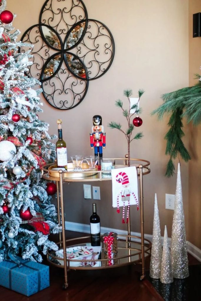 Nutcracker Christmas bar cart with traditional festive decorations.