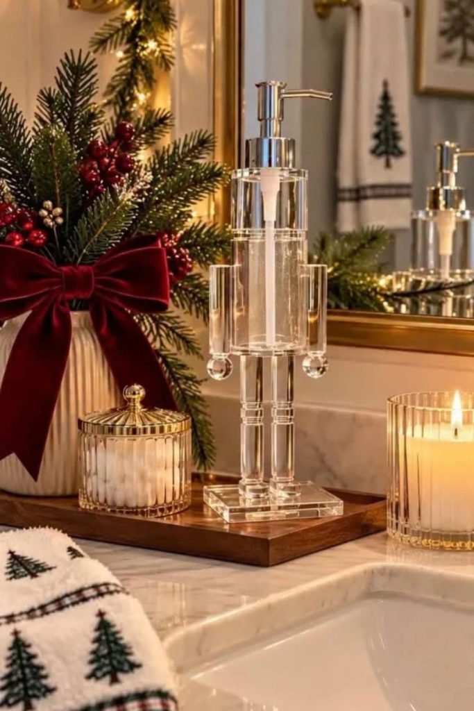 Nutcracker figurines with classic Christmas bathroom accessories.