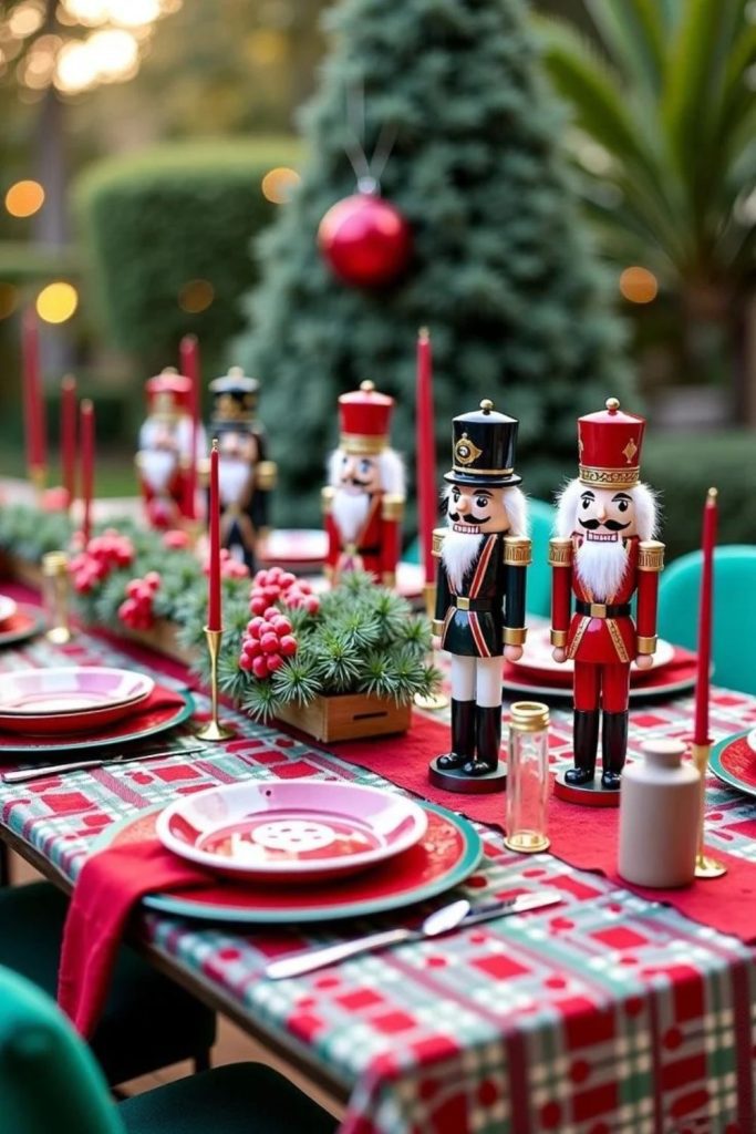 Festive nutcracker Christmas dining table decorations.