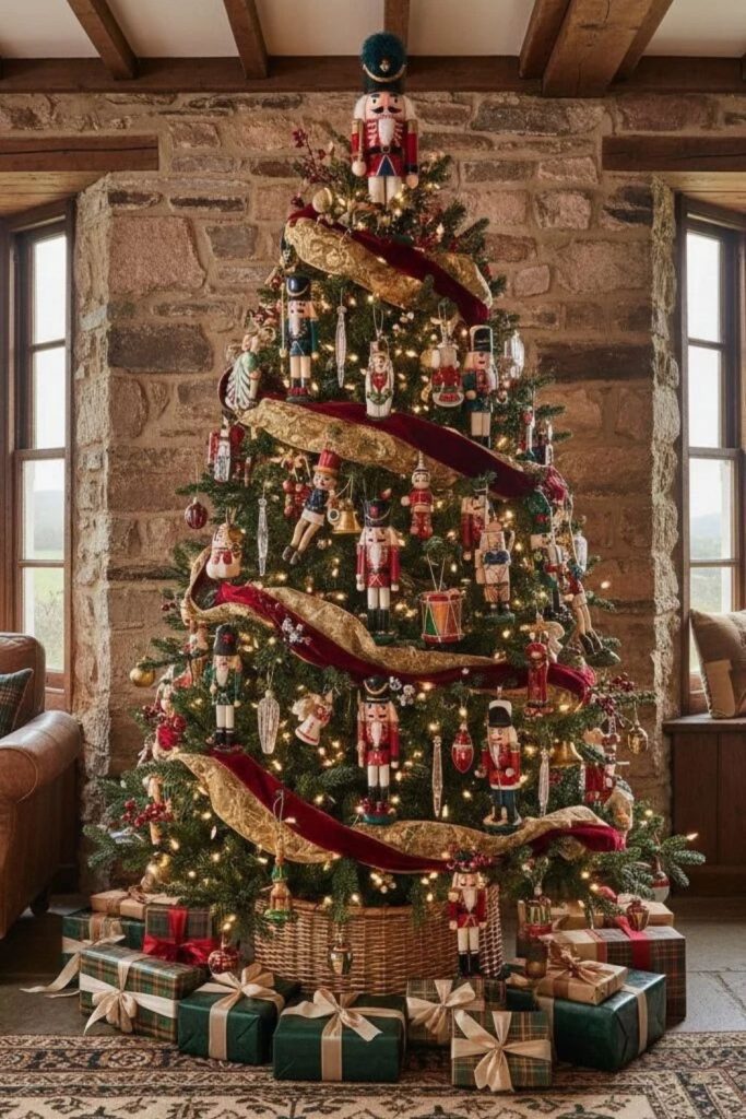 Nutcracker Christmas tree with traditional festive decorations.