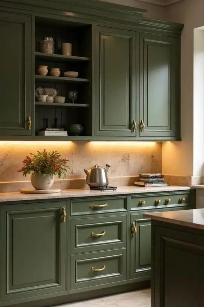 Olive green cabinets with elegant brass hardware.