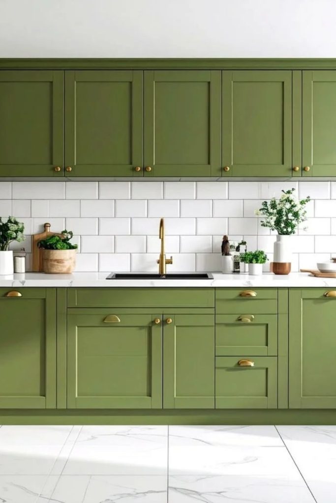 Olive green cabinets with white subway tiles.