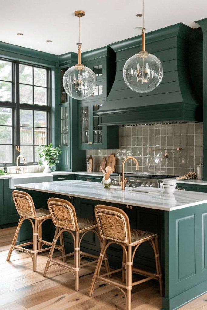 Olive green kitchen with fluted island cabinetry.