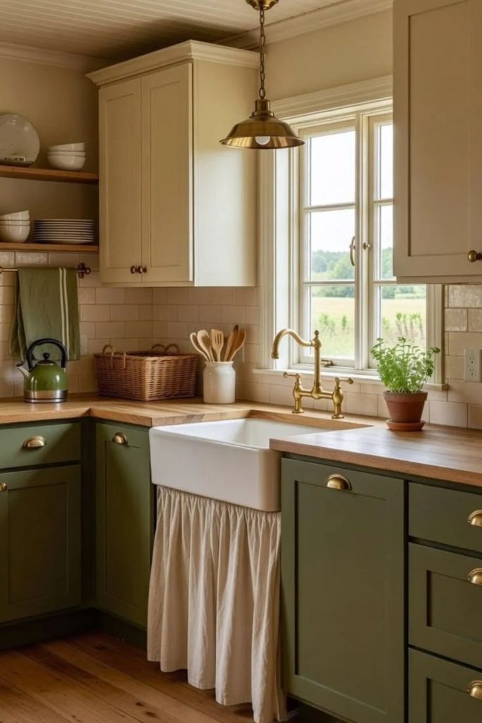 Olive green farmhouse kitchen with apron sink.