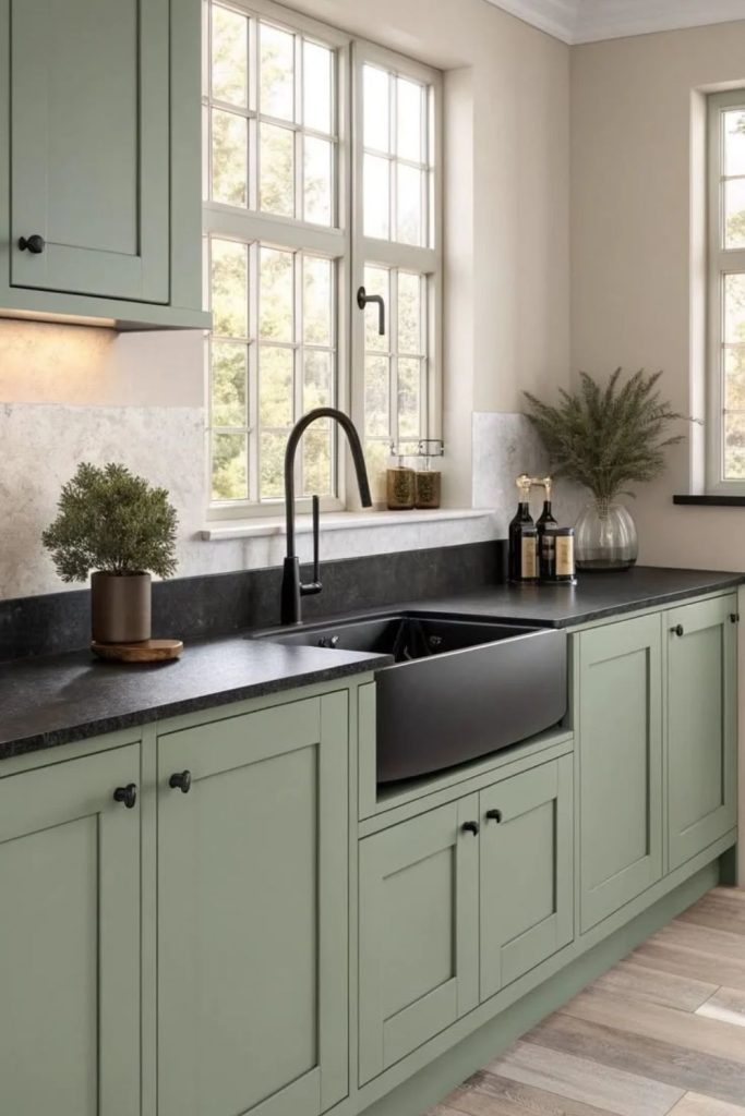 Olive green kitchen with matte black fixtures.