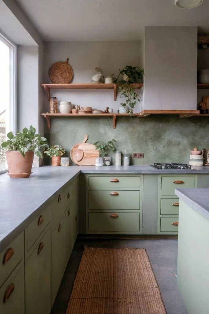 Olive green kitchen with concrete countertops.
