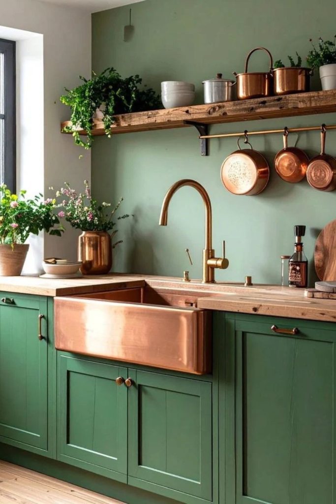 Olive green kitchen with warm copper accents.
