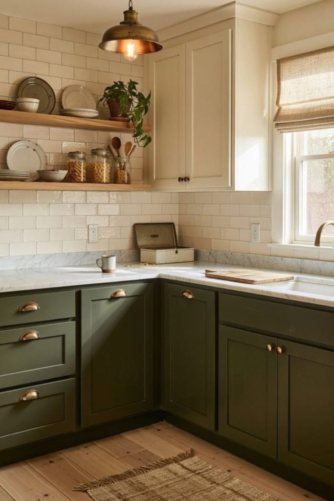 Olive green kitchen with creamy beige walls.