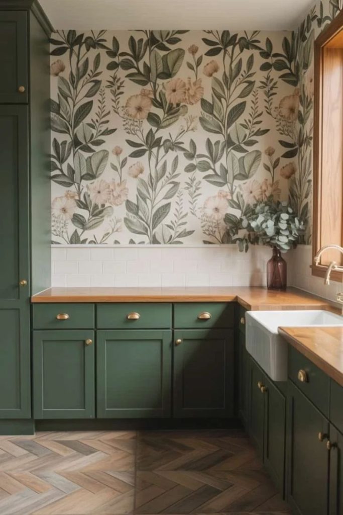 Olive green kitchen with charming floral wallpaper.