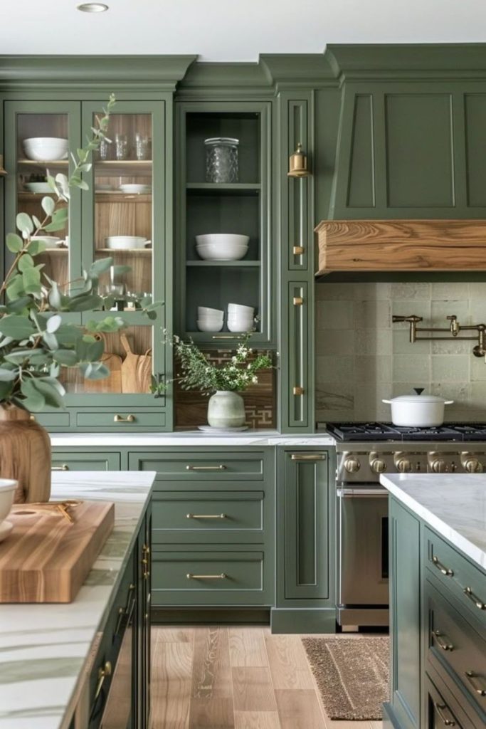 Olive green kitchen with glass-front cabinets.