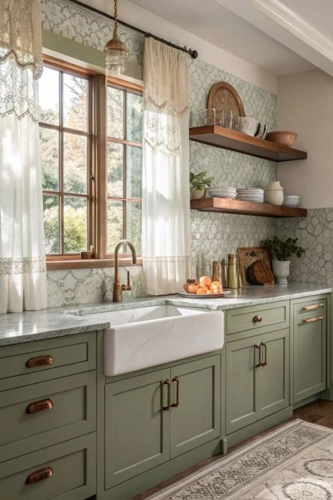 Olive green kitchen with natural botanical decor.
