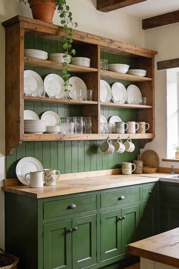 Olive green kitchen with open wooden shelving.