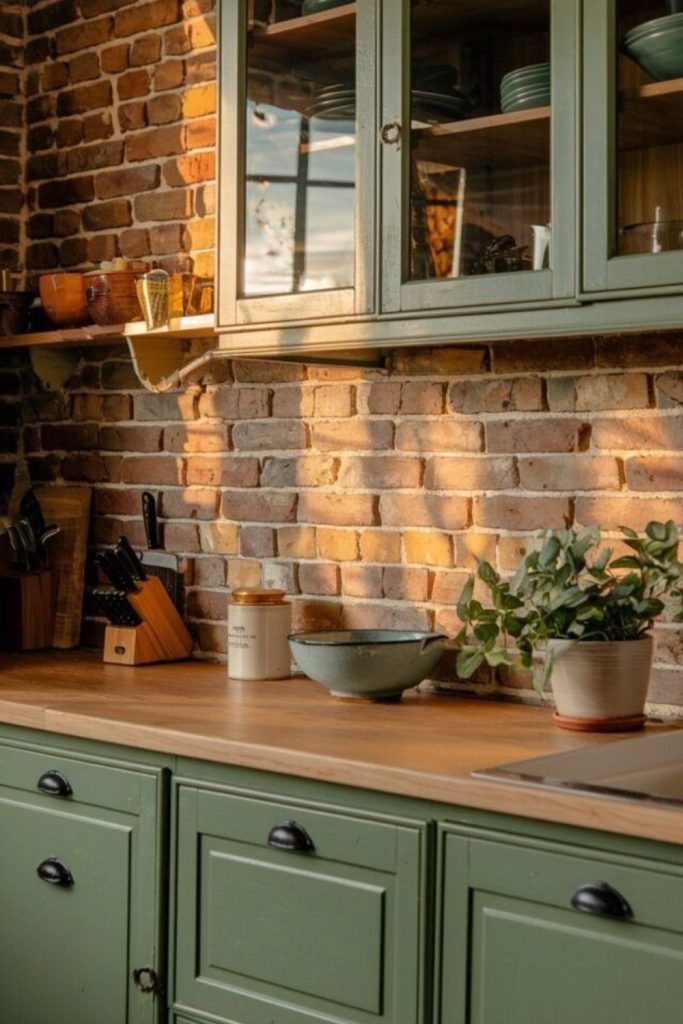 Olive green kitchen with rustic exposed brick.