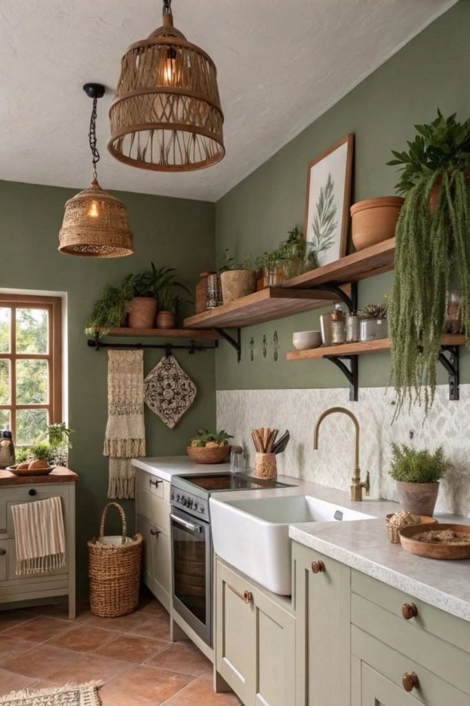 Olive green kitchen with soft sage accents.