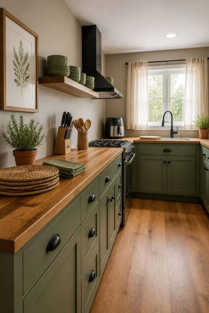 Olive green kitchen with warm oak flooring.
