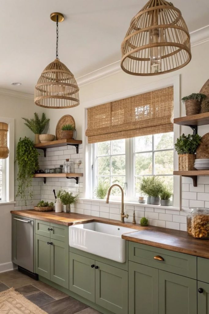 Olive green kitchen with breezy coastal decor.
