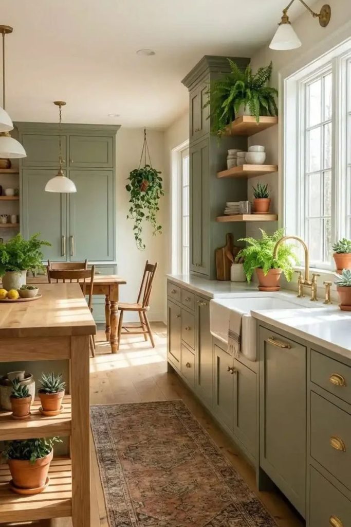 Olive green kitchen with cozy breakfast nook.