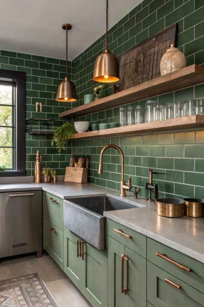 Olive green kitchen with glossy tile backsplash.