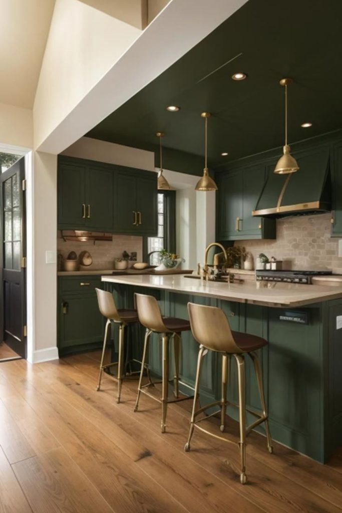 Olive green kitchen with moody painted ceiling.