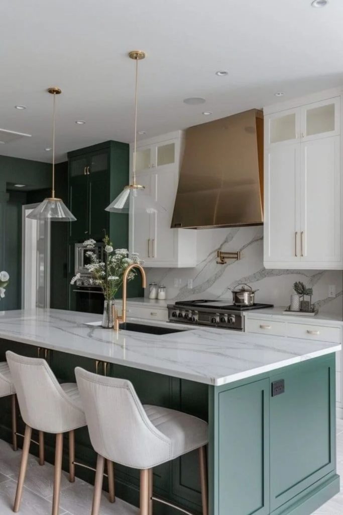 Olive green kitchen with waterfall stone island.