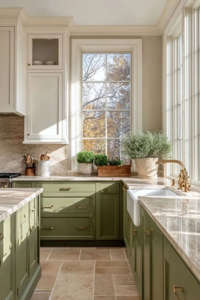 Olive green two-tone kitchen cabinet design.