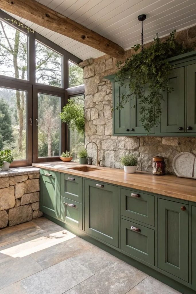 Olive green kitchen with natural stone surfaces.