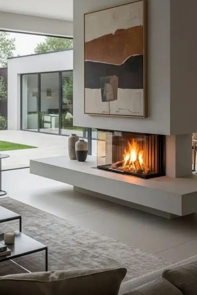 Open-plan living room with central burner.