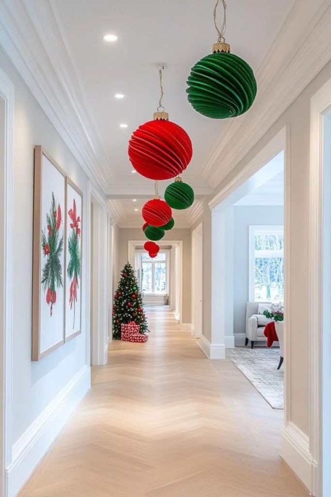 Oversized Christmas Ornaments in Elegant Hallway