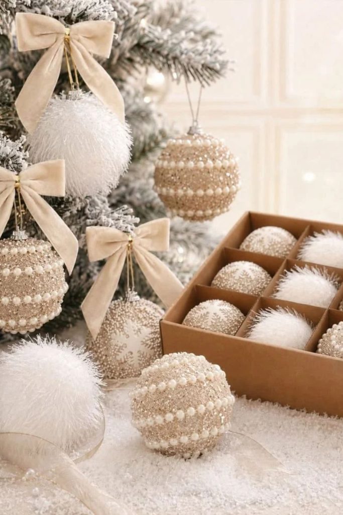 Pearl white Christmas ornaments with shimmering finishes.