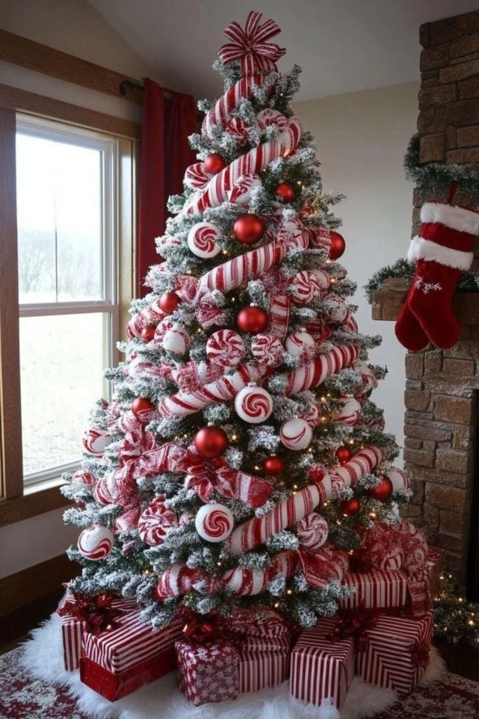 Peppermint swirl Christmas tree with candy ornaments.