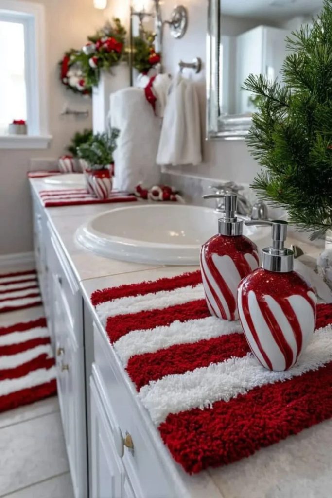 Peppermint twist bathroom decor with candy cane stripes.