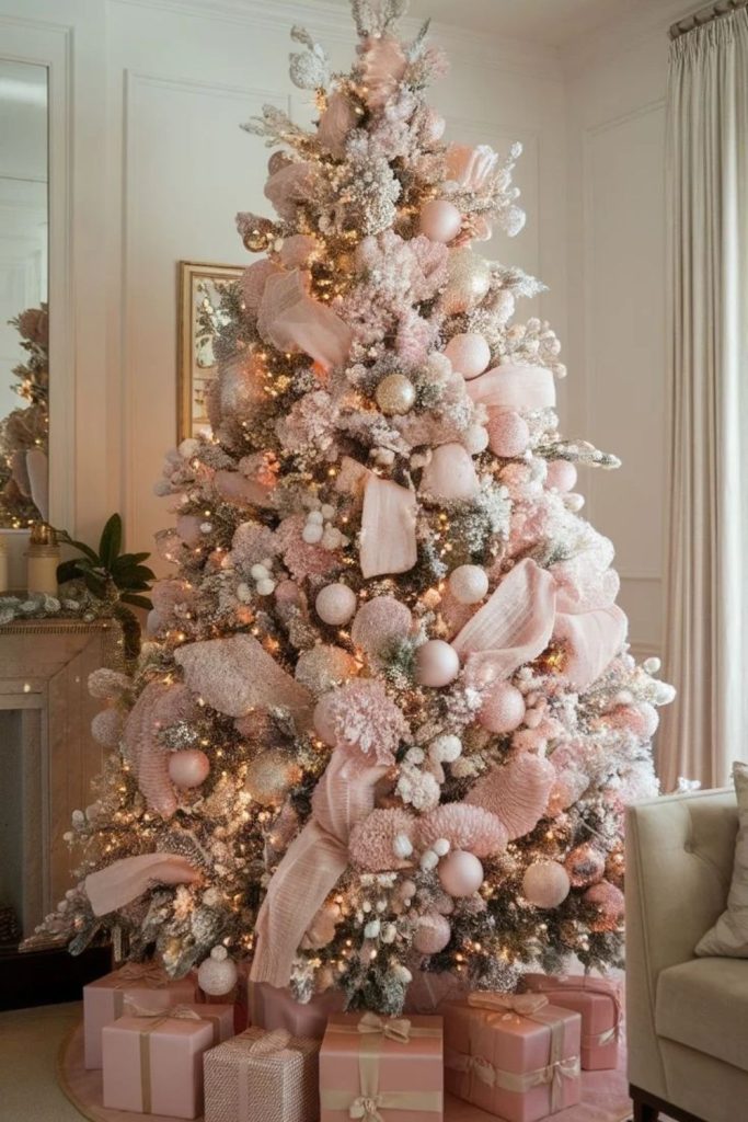 Blush pink Christmas tree with sparkling ornaments.