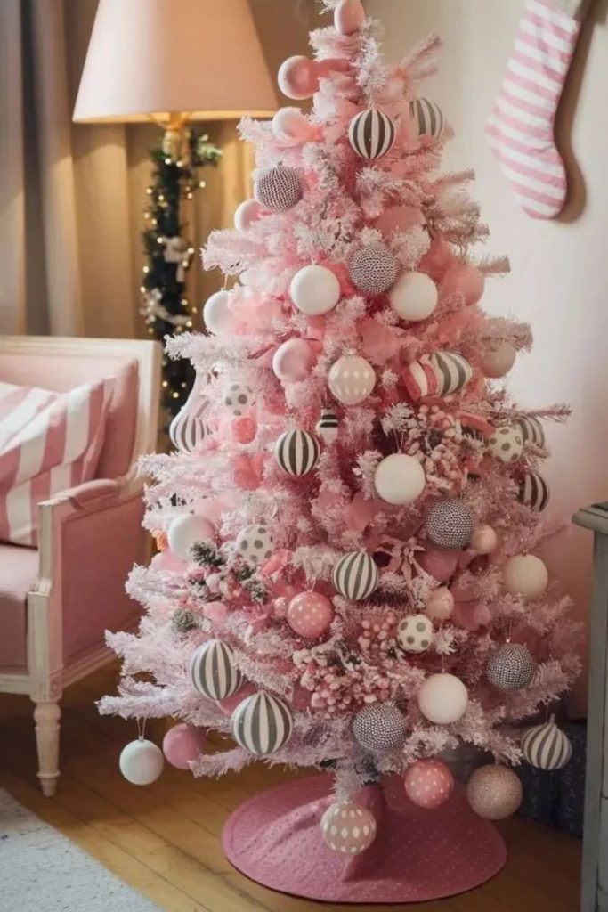 Pink Christmas wonderland tree with blush ornaments.