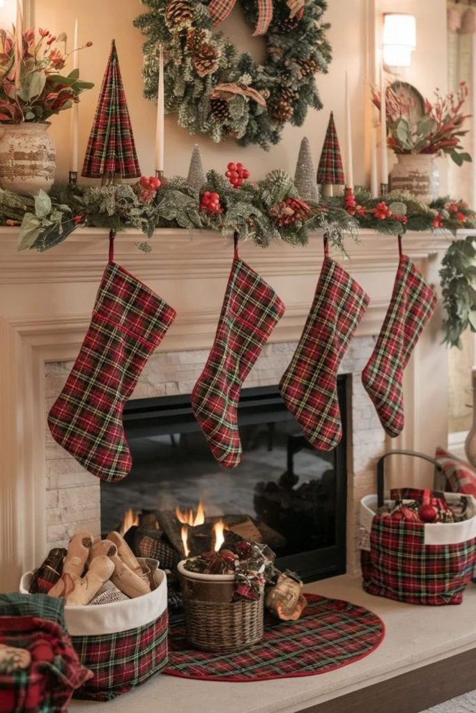 Plaid cabin garland with cozy greenery.