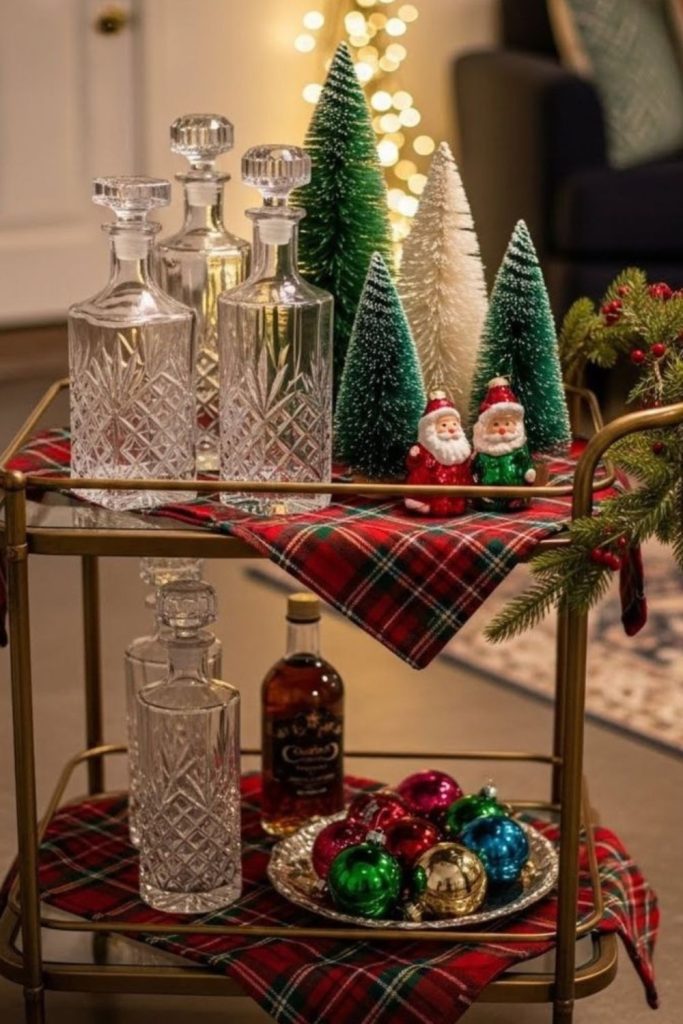 Plaid Christmas bar cart with cozy seasonal decorations.
