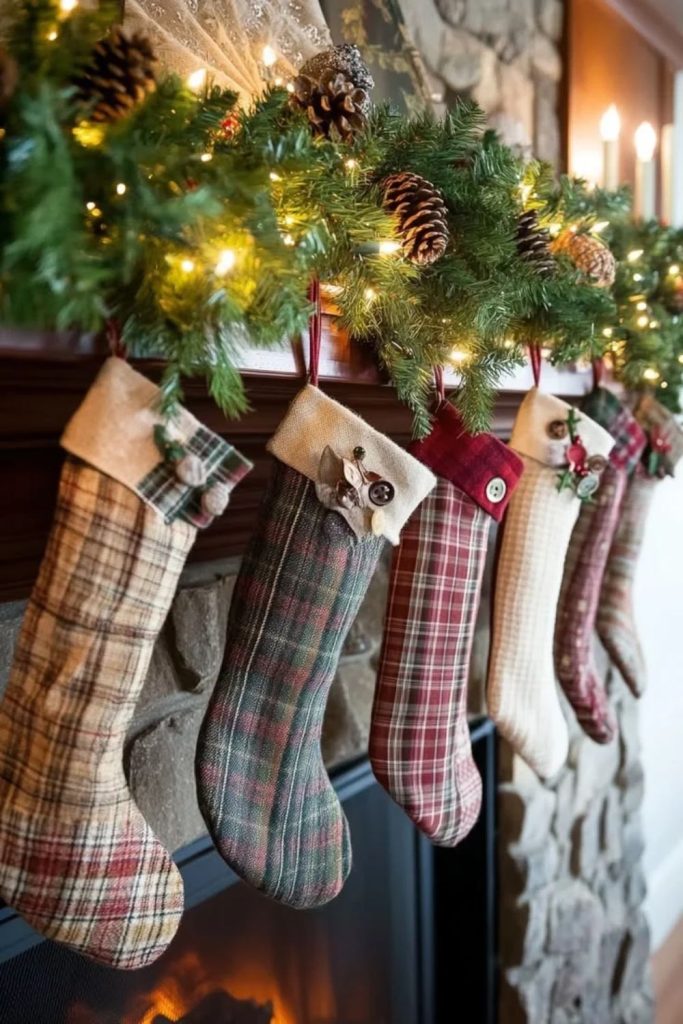 Red black plaid farmhouse Christmas stockings