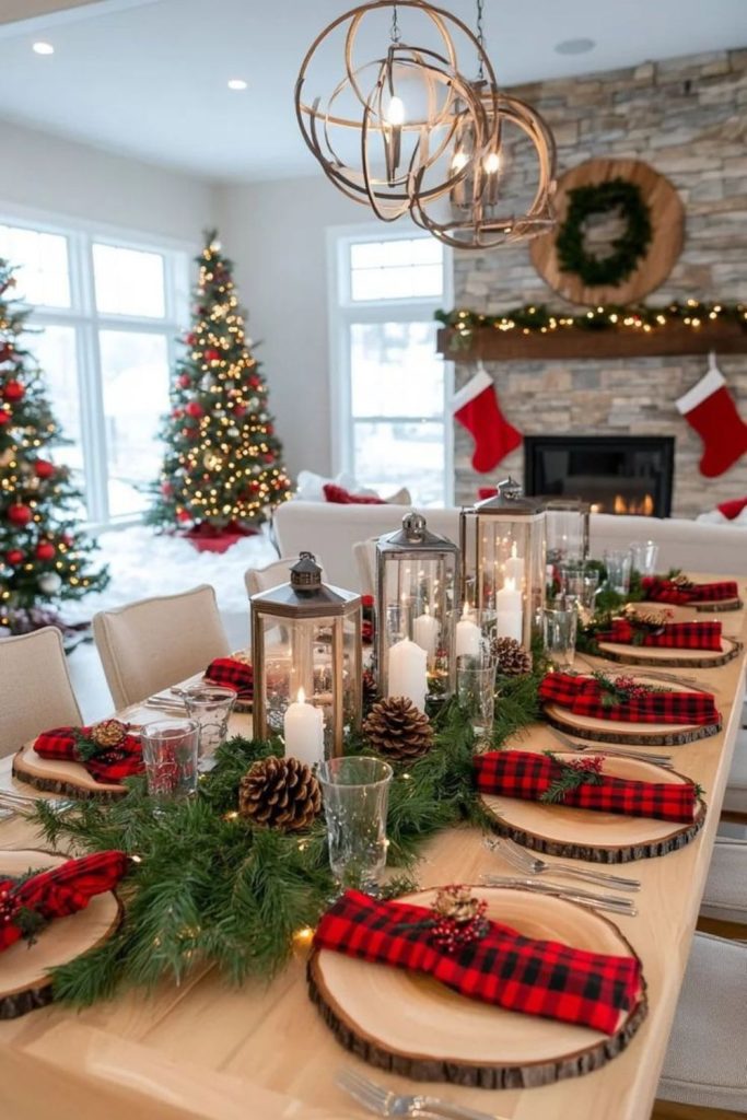 Cozy plaid and pine Christmas table decorations.