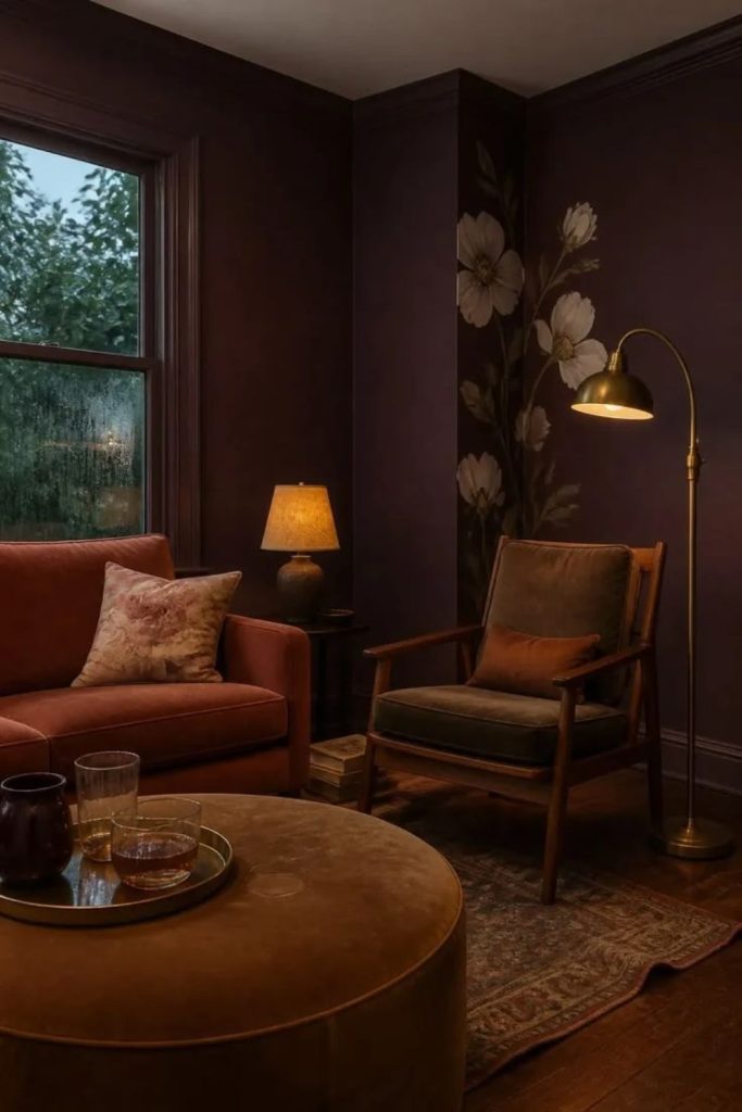 Plum velvet dramatic colour drenched bedroom.