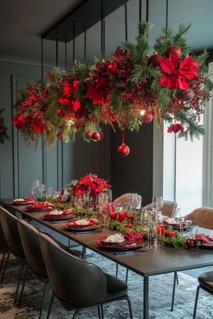 Traditional red poinsettia Christmas dining table centerpiece.