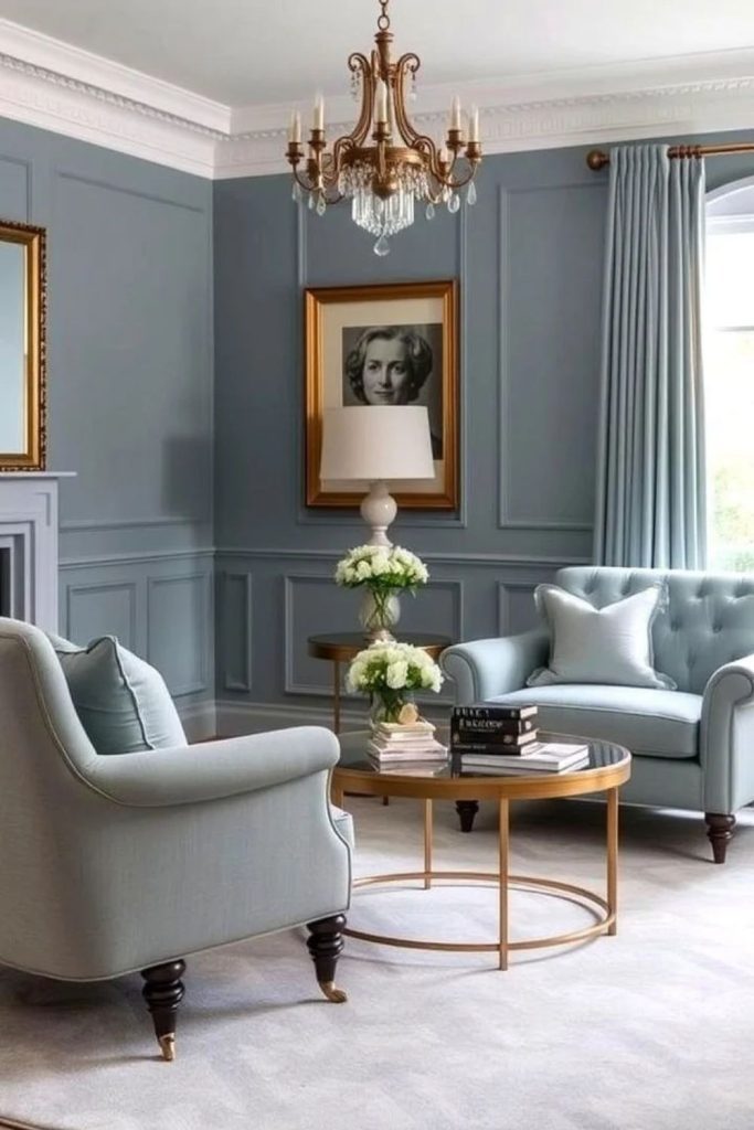 Powder blue serene colour drenched room.