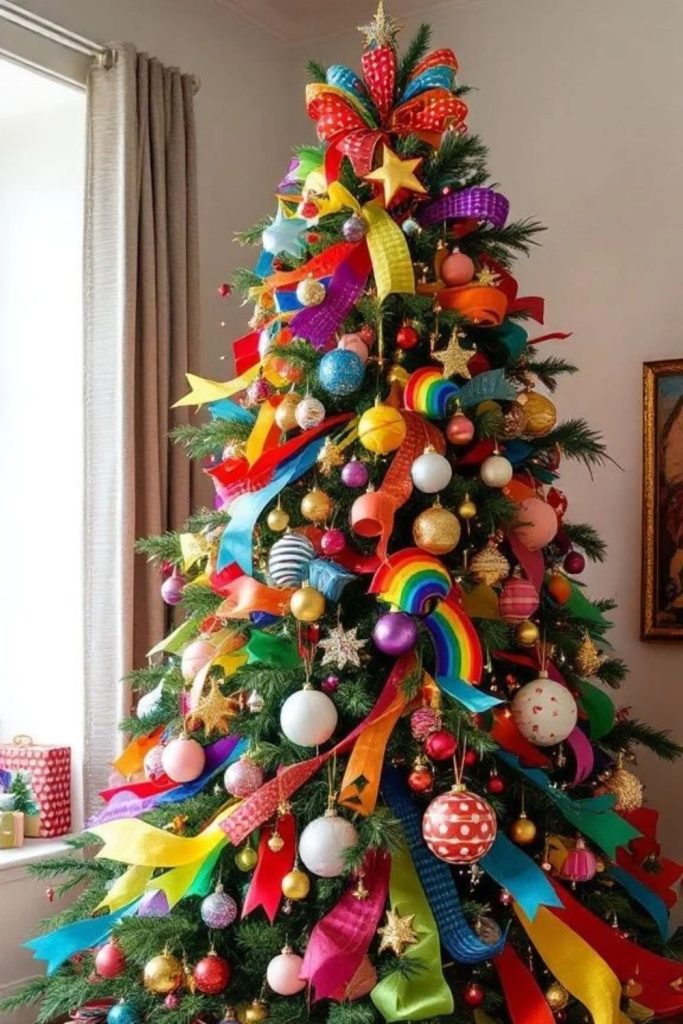Colorful rainbow Christmas tree with vibrant ornaments.