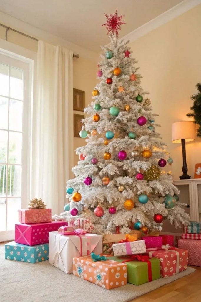 Rainbow ornament flocked Christmas tree with colorful lights.