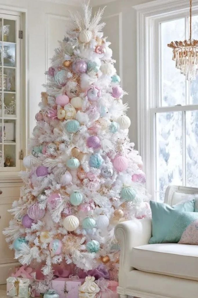 Pastel rainbow Christmas tree with soft decorations.