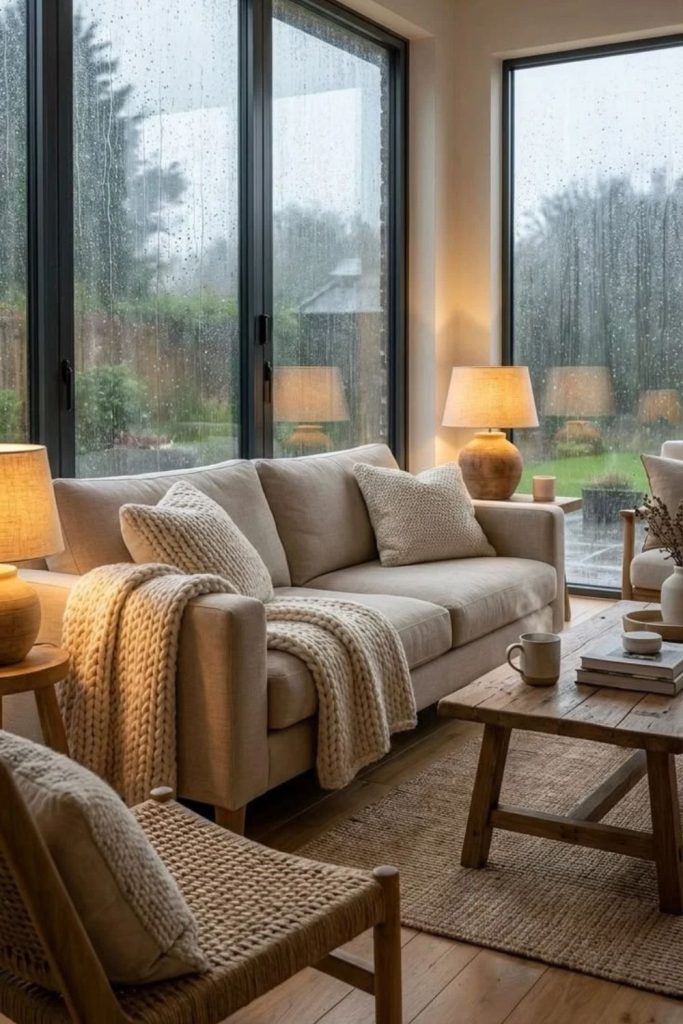 Rainy day hygge living room with blankets.