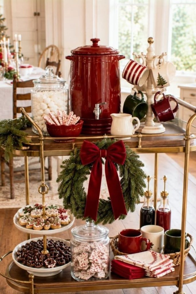 Red velvet Christmas bar cart with festive ribbons.