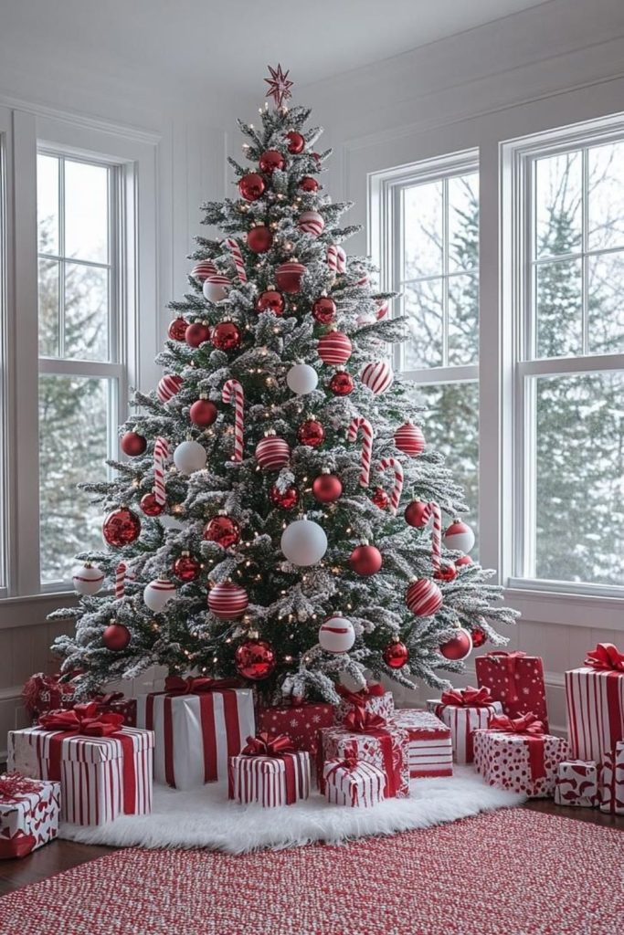 Red and white candy cane flocked tree.