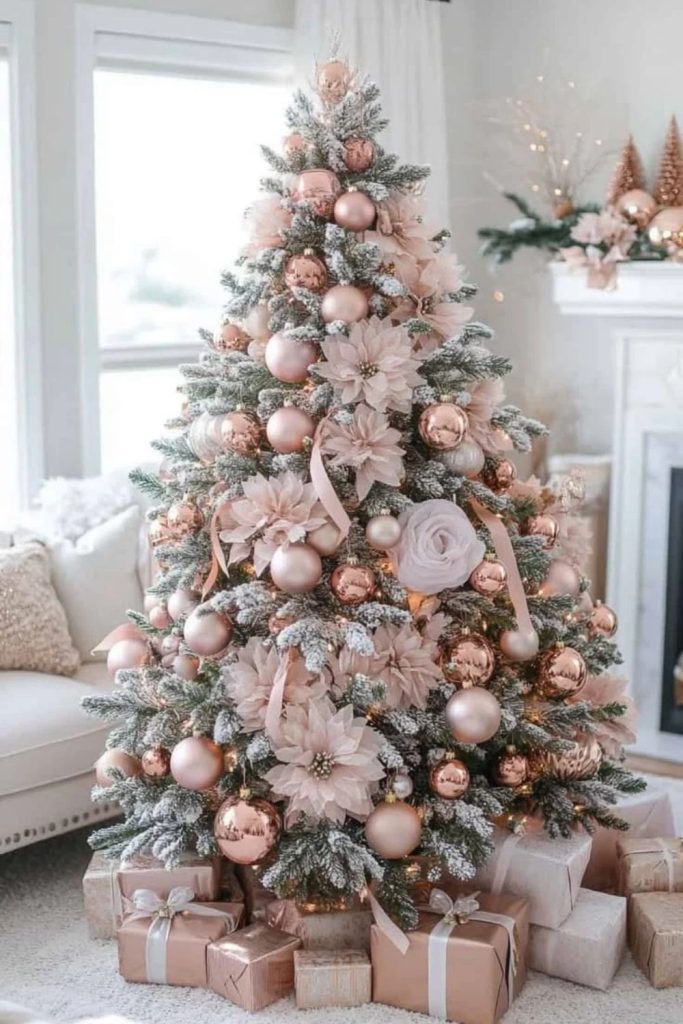 Rose gold glam flocked Christmas tree decorations.