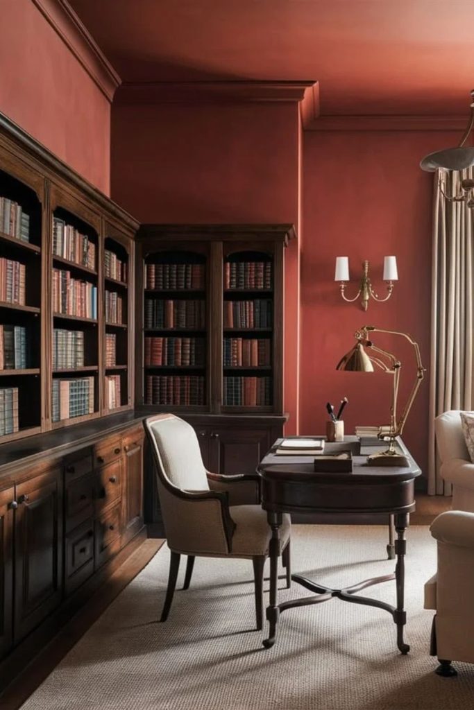Rust red atmospheric colour drenched library.