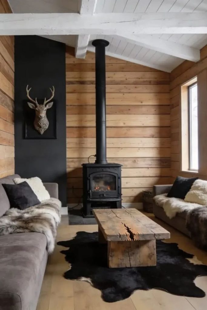 Rustic black cabin with log burner.