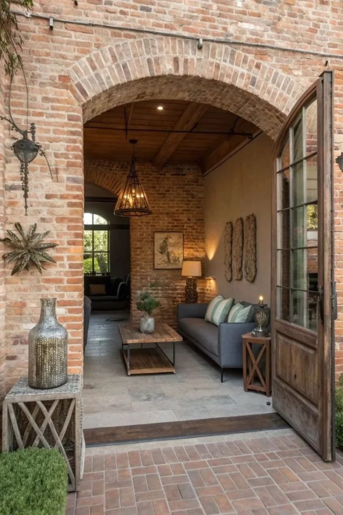 Rustic brick arch with farmhouse character.